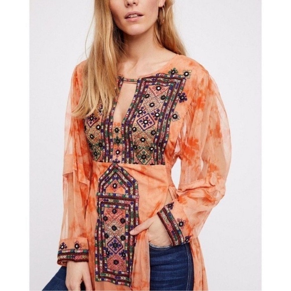 Free People Market Place Embroidered Bohemian Maxi Tunic Blouse - Picture 15 of 15